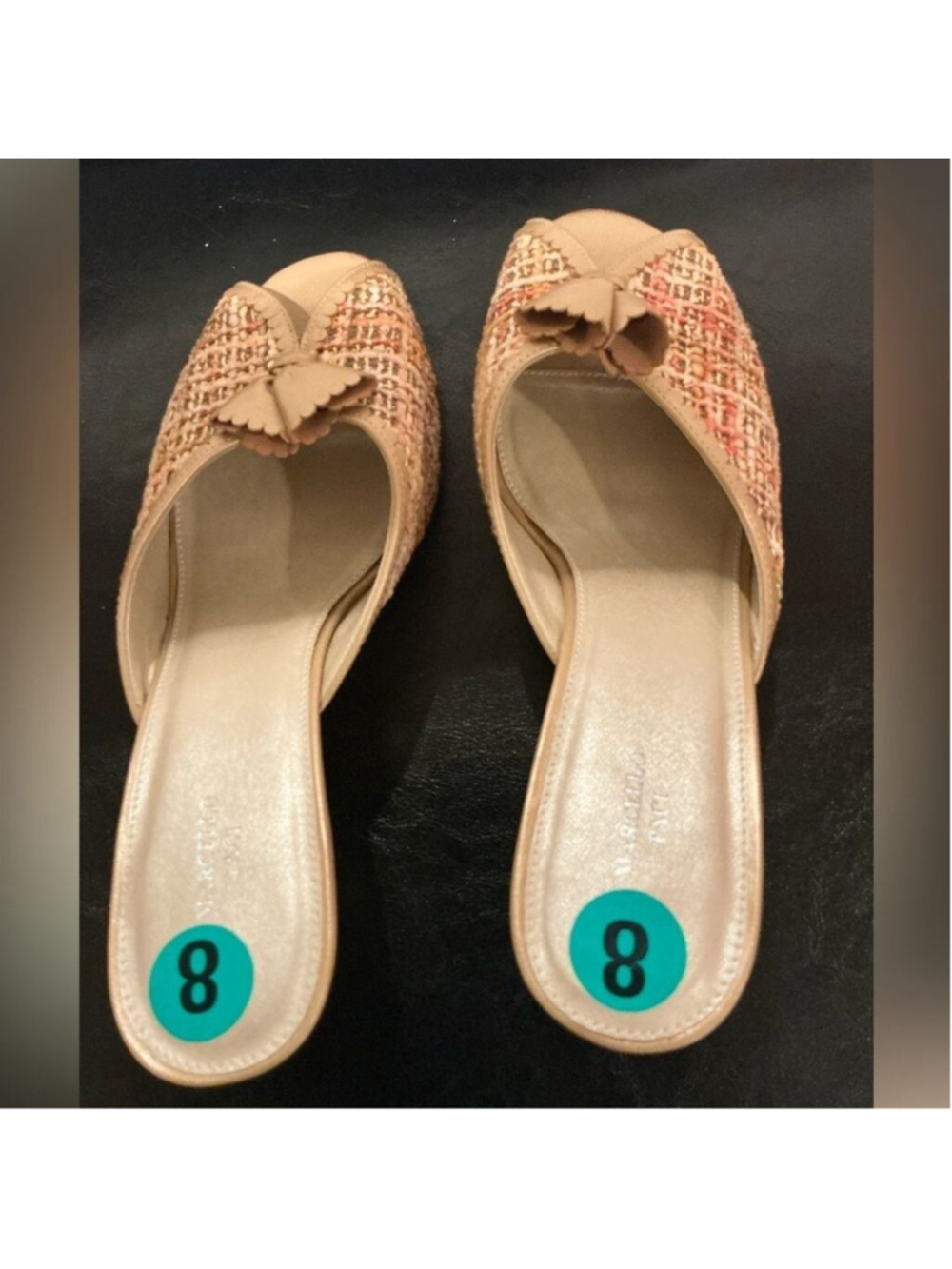 Marcello Paci Shoes Sz 8 Slides Kitten Heels Tweed Fabric Orange/Tan